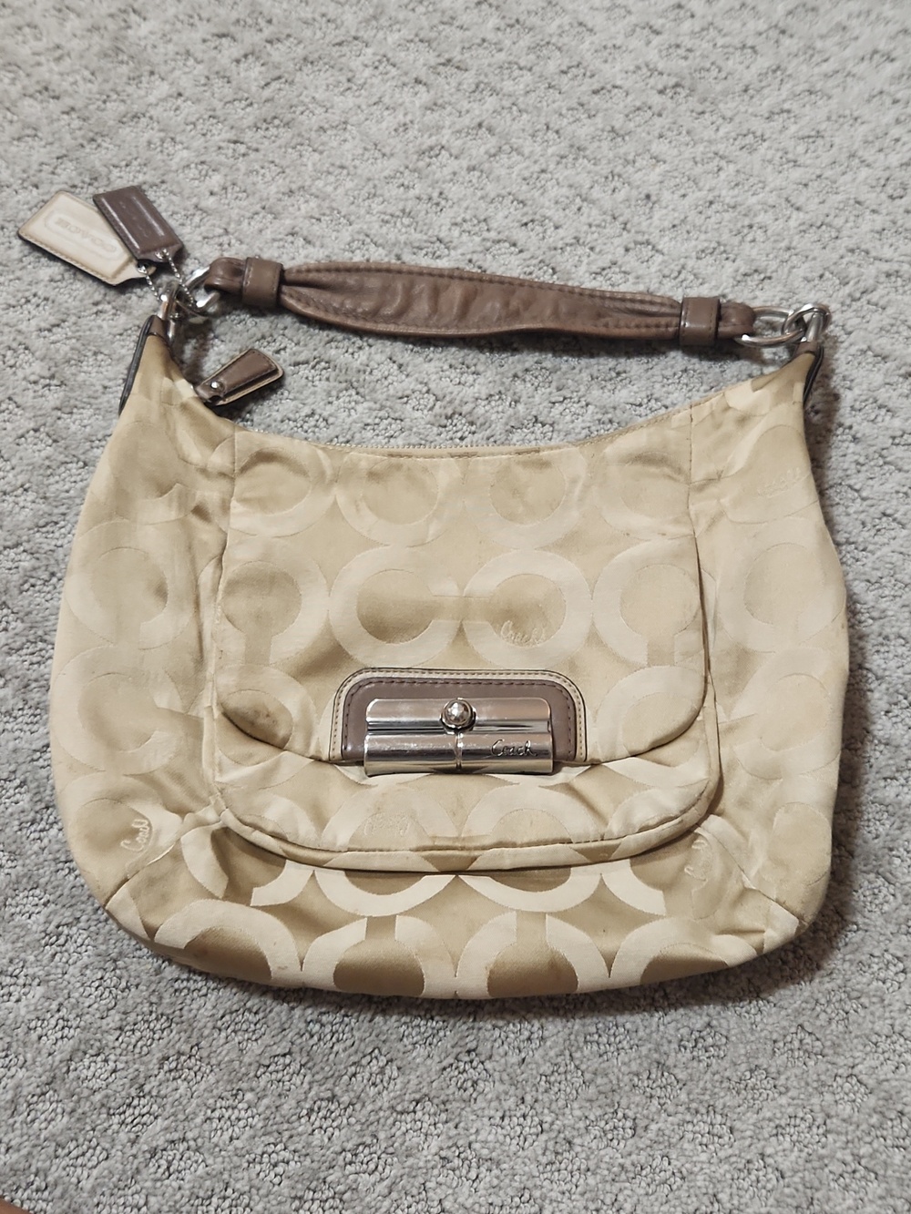 Coach Kristin Op Art Tan Signature Hobo Bag with Taupe Leather Strap